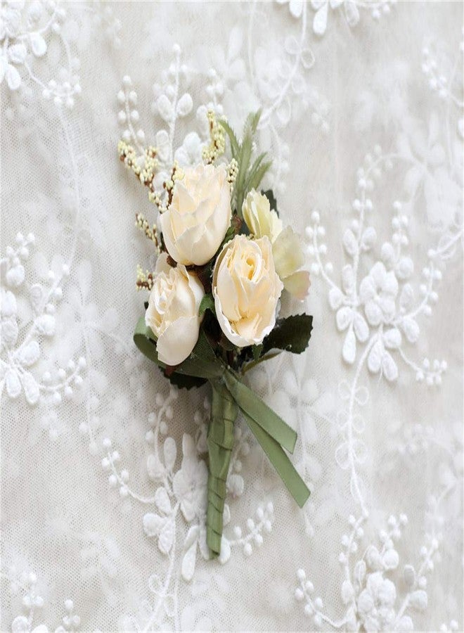 Flonding Rose Wedding Wrist Corsage and Boutonniere Set Party Prom Hand Ribbon Flower Suit Decor (Beige) - Image 2