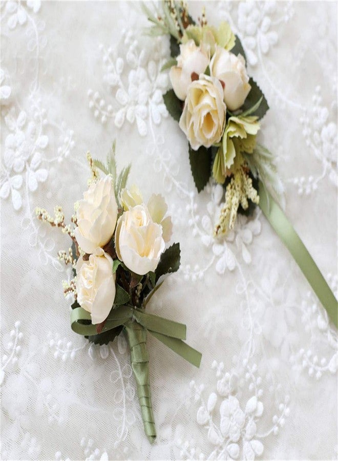 Flonding Rose Wedding Wrist Corsage and Boutonniere Set Party Prom Hand Ribbon Flower Suit Decor (Beige) - Image 4