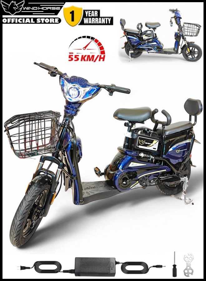 حصان الريح دراجة توصيل كهربائية M1، محرك ٤٠٠ واط، بطارية ٤٨ فولت ١٢ أمبير/ساعة، سرعة قصوى ٥٥ كم/ساعة، مقعد مزدوج، إطارات ١٤ بوصة، سلة بقالة أمامية، نظام فتح وقفل عن بُعد، هيكل من سبائك الكربون. دراجة كهربائية بثلاث سرعات. - Image 1