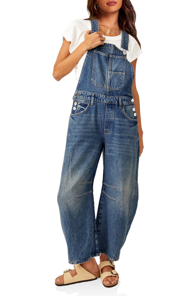 PLNOTME Womens Denim Bib Overalls Barrel Leg Adjustable Strap Jean Pants Jumpsuits with Pockets - Image 1