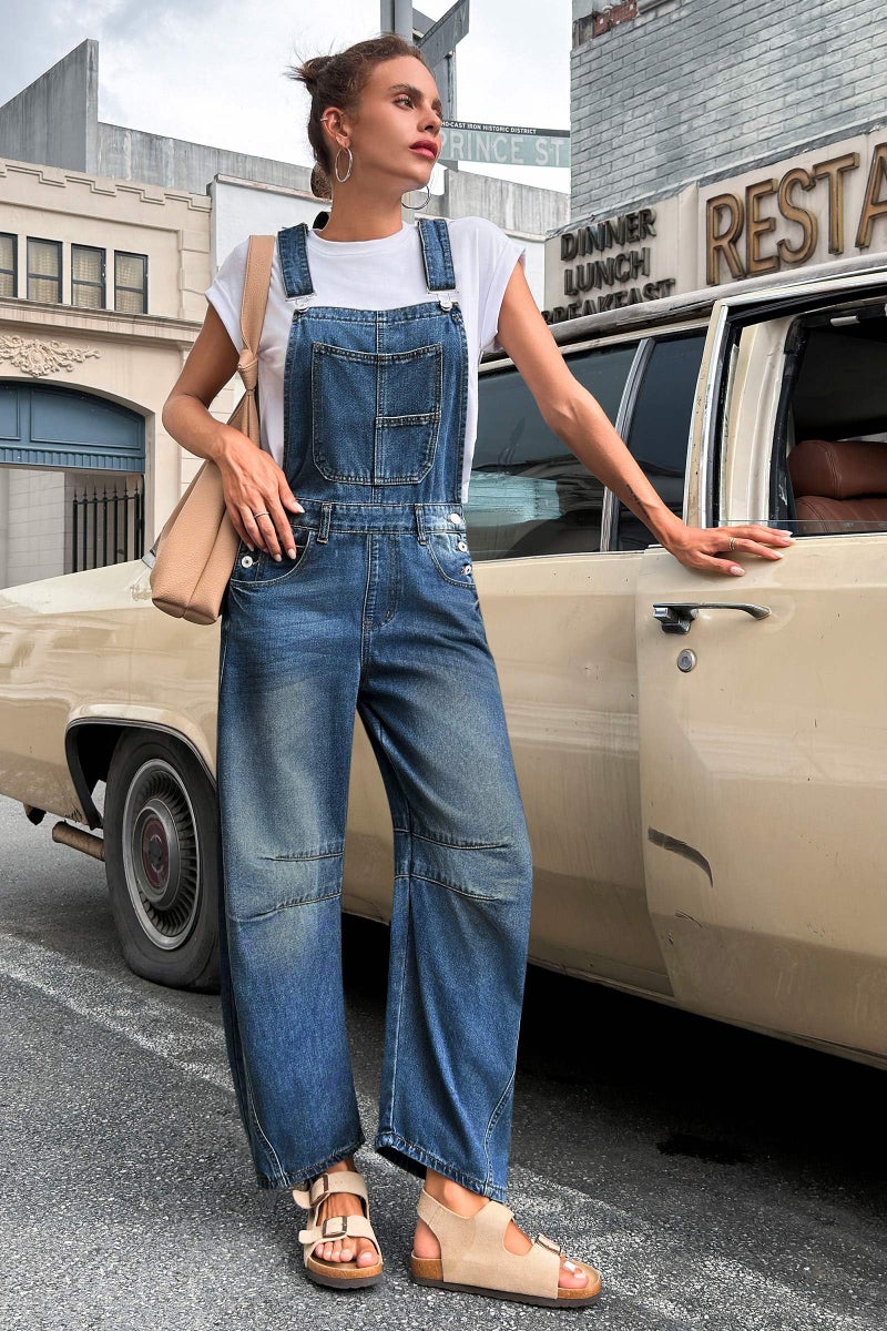 PLNOTME Womens Denim Bib Overalls Barrel Leg Adjustable Strap Jean Pants Jumpsuits with Pockets - Image 5