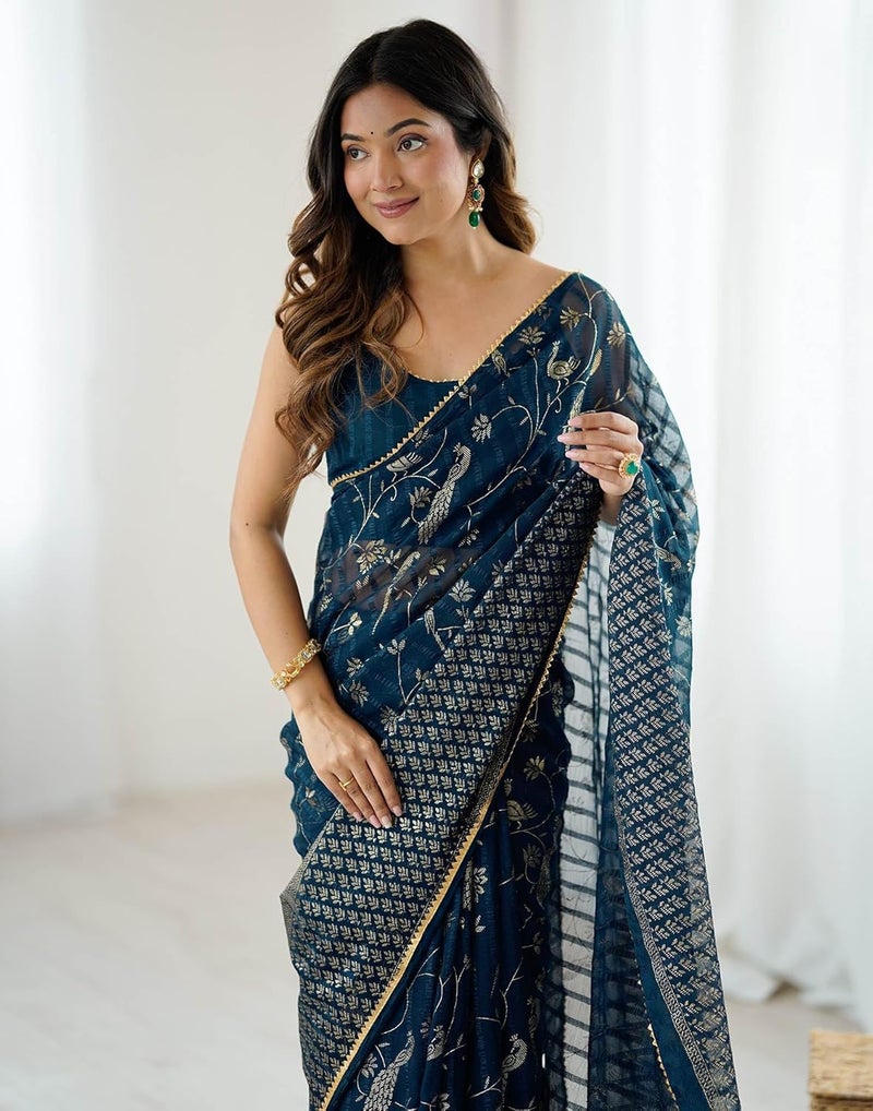 Sidhidata Women's Georgette Foil Printed Floral Saree with Unstitched Blouse Piece - Image 5