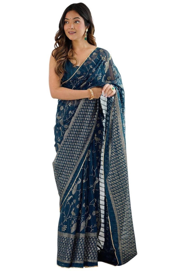 Sidhidata Women's Georgette Foil Printed Floral Saree with Unstitched Blouse Piece - Image 1