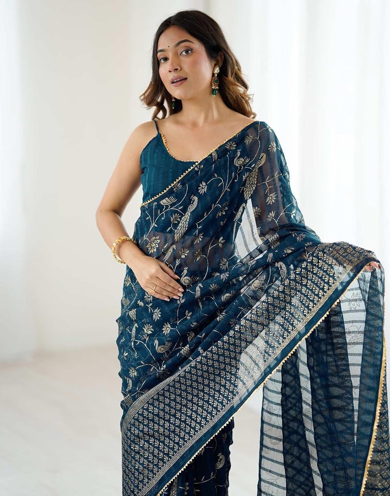 Sidhidata Women's Georgette Foil Printed Floral Saree with Unstitched Blouse Piece - Image 2
