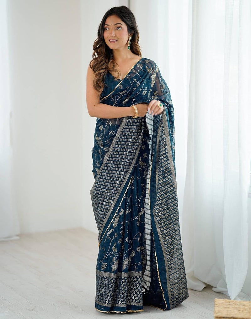 Sidhidata Women's Georgette Foil Printed Floral Saree with Unstitched Blouse Piece - Image 4
