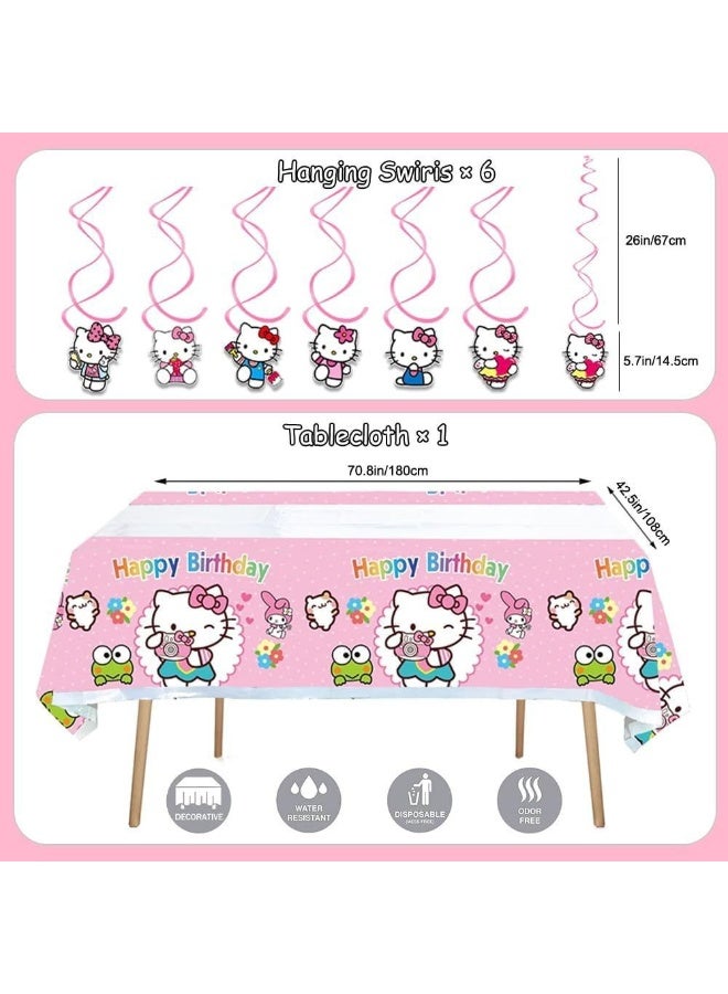 Hello 2 Kids 49 قطعة - مجموعة زينة حفلة عيد ميلاد كاتي، موضوع وردي مع لافتة، بالونات، مفرش طاولة، زينة كعكة. - Image 4