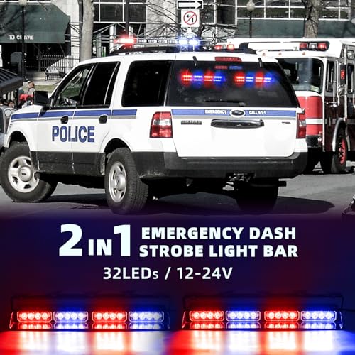 PKINGLAKE 2 in 1 LED Emergency Dash Strobe Light Bar Front/Rear Windshield Safety Flashing Warning Hazard Interior Lights for Police Firefighter Construction Vehicles Trucks (2x14 inch, Blue/Red) - Image 2