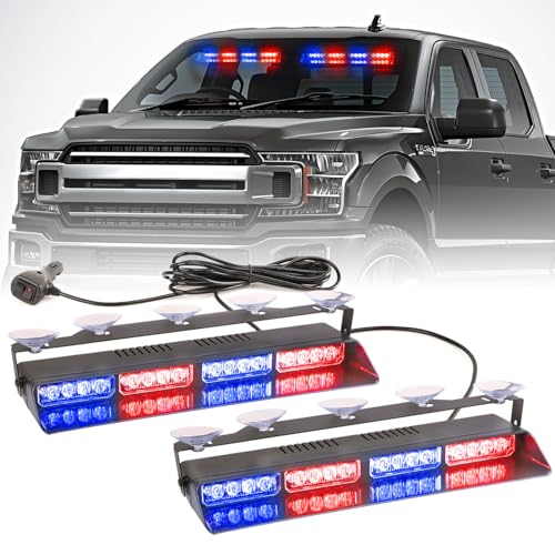 PKINGLAKE 2 in 1 LED Emergency Dash Strobe Light Bar Front/Rear Windshield Safety Flashing Warning Hazard Interior Lights for Police Firefighter Construction Vehicles Trucks (2x14 inch, Blue/Red) - Image 1