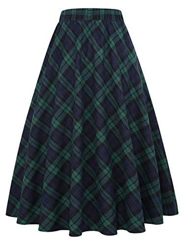 IDEALSANXUN Plaid Skirts for Women 2025 Fall Winter A Line Pleated Wool Flannel Tartan Tweed Corduroy Midi Skirt, Green, M - Image 1