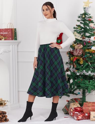IDEALSANXUN Plaid Skirts for Women 2025 Fall Winter A Line Pleated Wool Flannel Tartan Tweed Corduroy Midi Skirt, Green, M - Image 4