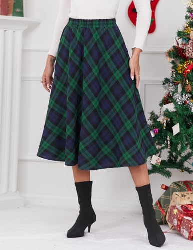 IDEALSANXUN Plaid Skirts for Women 2025 Fall Winter A Line Pleated Wool Flannel Tartan Tweed Corduroy Midi Skirt, Green, M - Image 2