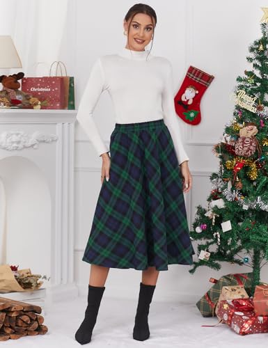 IDEALSANXUN Plaid Skirts for Women 2025 Fall Winter A Line Pleated Wool Flannel Tartan Tweed Corduroy Midi Skirt, Green, M - Image 3