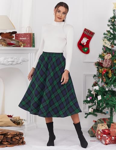 IDEALSANXUN Plaid Skirts for Women 2025 Fall Winter A Line Pleated Wool Flannel Tartan Tweed Corduroy Midi Skirt, Green, M - Image 5
