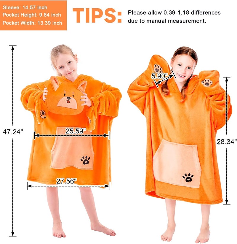 IFNOW Wearable Blanket Hoodie Kids, Oversized Fleece Blanket Sweatshirt Christmas Birthday Gifts for Boys, Girls, Teen Hoodie with Portable Foldable Blanket Pillow, Animal Embroidery 5-15 Years, Fox - Image 4