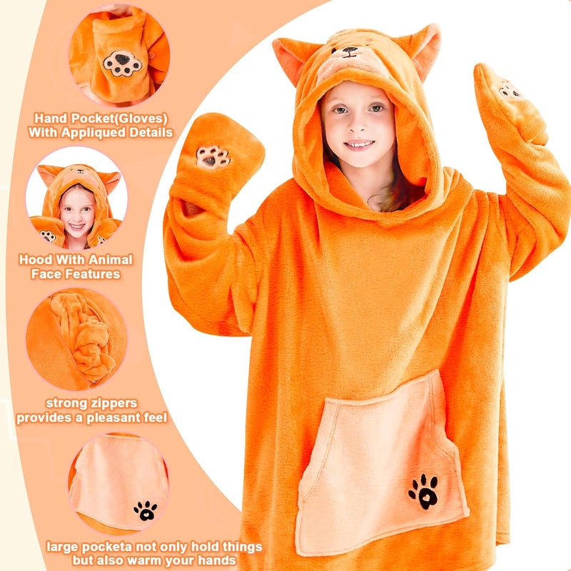 IFNOW Wearable Blanket Hoodie Kids, Oversized Fleece Blanket Sweatshirt Christmas Birthday Gifts for Boys, Girls, Teen Hoodie with Portable Foldable Blanket Pillow, Animal Embroidery 5-15 Years, Fox - Image 3