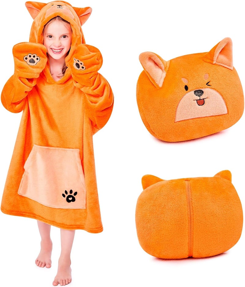 IFNOW Wearable Blanket Hoodie Kids, Oversized Fleece Blanket Sweatshirt Christmas Birthday Gifts for Boys, Girls, Teen Hoodie with Portable Foldable Blanket Pillow, Animal Embroidery 5-15 Years, Fox - Image 1