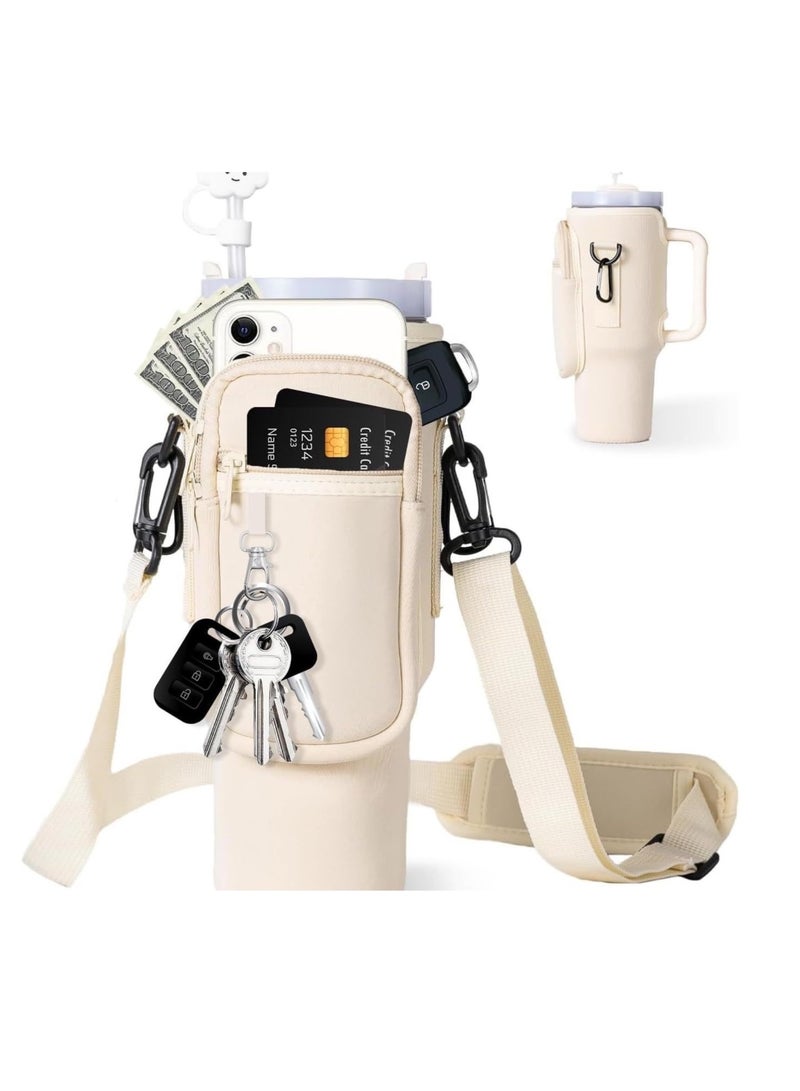 creamy white color durable neoprene water bottle carrier bag for Stanley tumbler with zipper pocket and adjustable strap water bottle sleeve  - Image 1