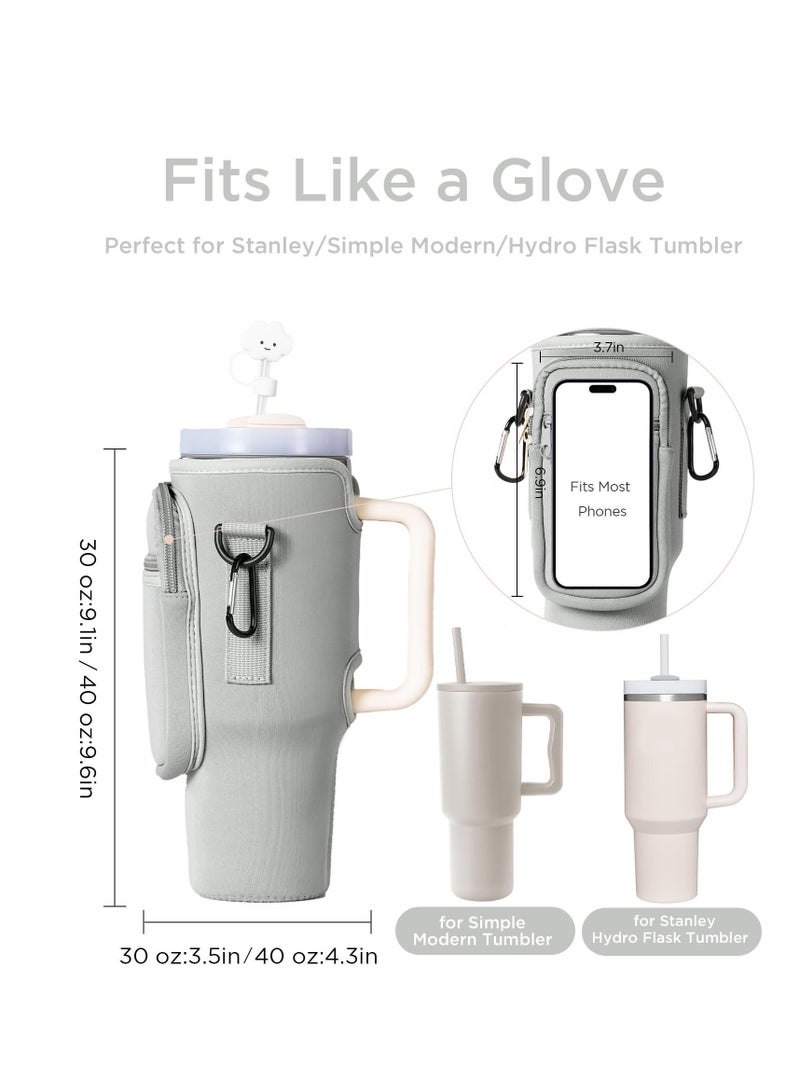creamy white color durable neoprene water bottle carrier bag for Stanley tumbler with zipper pocket and adjustable strap water bottle sleeve  - Image 2