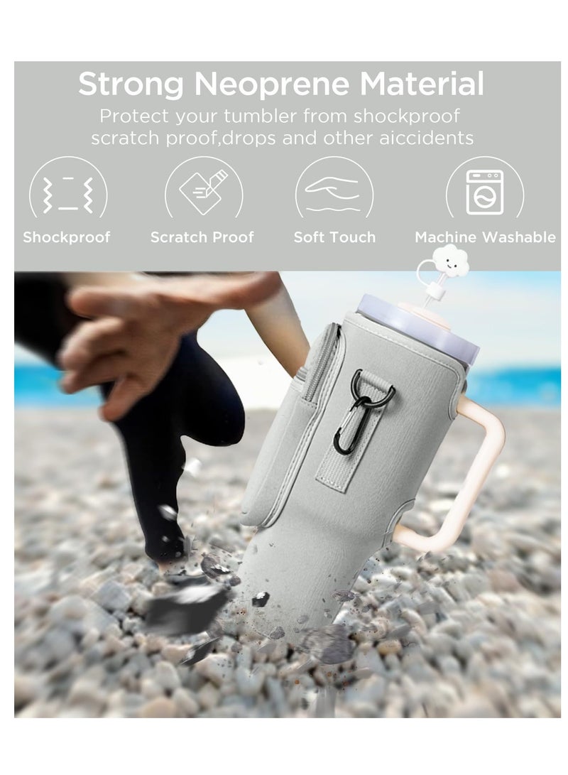 creamy white color durable neoprene water bottle carrier bag for Stanley tumbler with zipper pocket and adjustable strap water bottle sleeve  - Image 3