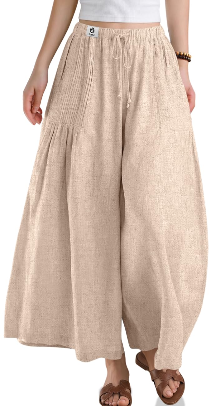 TARSE Womens Linen Wide Leg Cropped Pants Baggy Palazzo Boho Casual Elastic Waist Summer Beach Skirt Pants with Pockets(HeatherLightKhaki, L) - Image 1