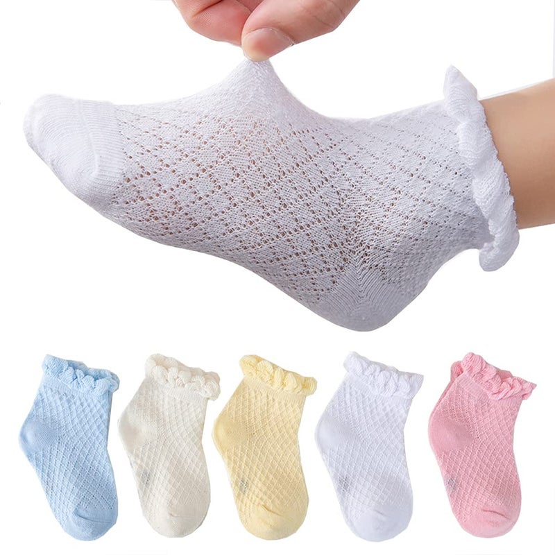 Looching Pack of 5 Mesh Thin Baby Girls Boys Cotton White Socks Toddler Kids No Show Ankle Socks 1-10T â€¦ (Ruffles 5 color, 1-3 Y) - Image 1