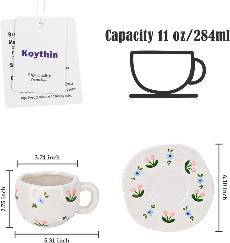 Koythin Ceramic Coffee Mug with Saucer Set, Cute Creative Pink and Blue Floral Cup Unique Irregular Design for Office and Home, 10 oz/300 ml for Latte Tea Milk - Image 2
