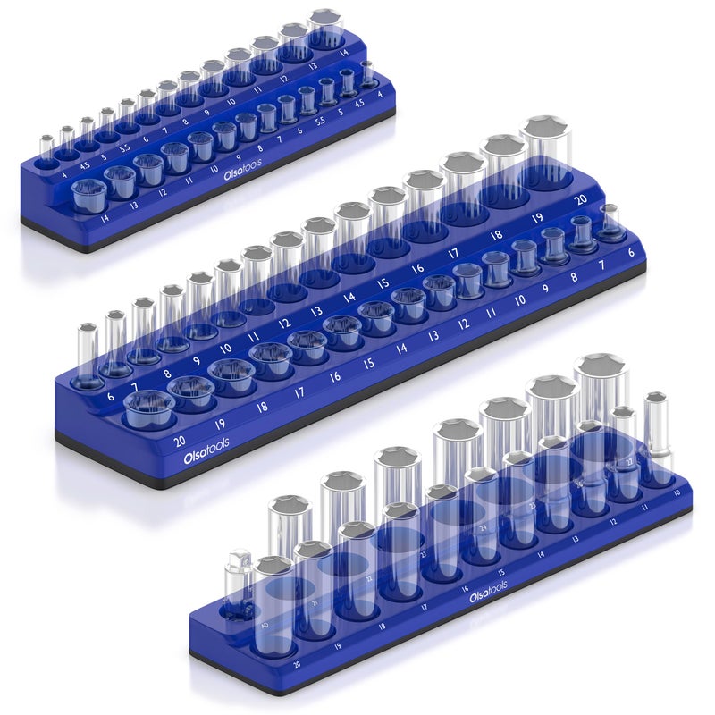 Olsa Tools Magnetic Socket Organizer | 3 Piece Socket Holder Kit | 1/2-inch, 3/8-inch, 1/4-inch Drive | Metric Blue | Holds 75 Sockets | Professional-Grade - Image 1