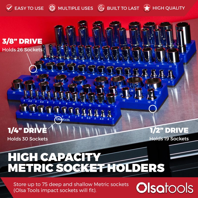 Olsa Tools Magnetic Socket Organizer | 3 Piece Socket Holder Kit | 1/2-inch, 3/8-inch, 1/4-inch Drive | Metric Blue | Holds 75 Sockets | Professional-Grade - Image 3