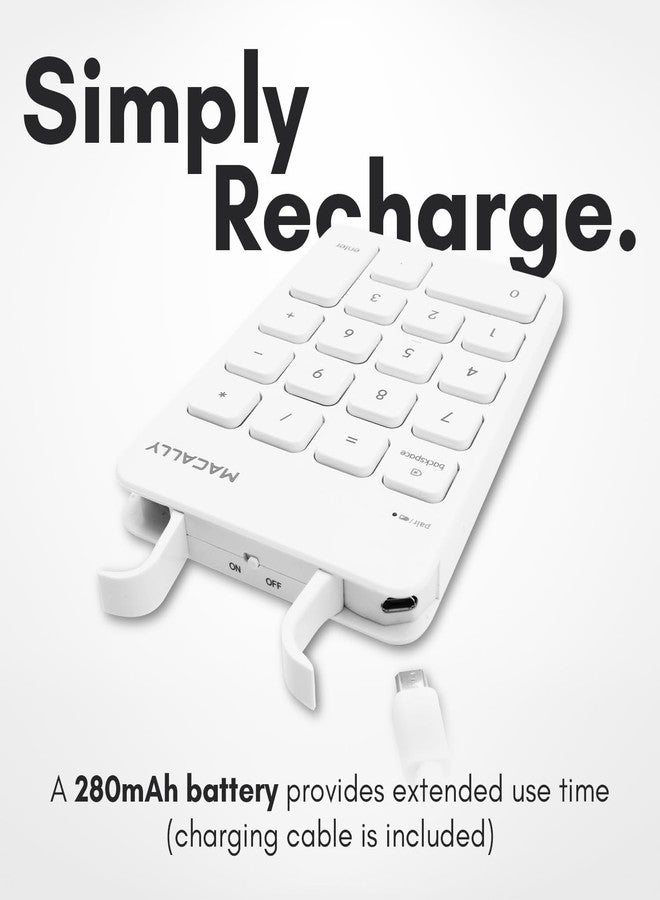 ماكالي لوحة مفاتيح ماكالي اللاسلكية بتقنية بلوتوث، مزودة بلوحة أرقام رقمية، متوافقة مع أجهزة الكمبيوتر المحمولة، وأجهزة أبل ماك، وآي ماك، وماك بوك برو/إير، وآيباد، وأجهزة الكمبيوتر التي تعمل بنظام ويندوز، والأجهزة اللوحية، وأجهزة الكمبيوتر المكتبية. قابلة لإعادة الشحن، لوحة أرقام رفيعة مكونة من 18 مفتاحًا - لون أبيض - Image 5