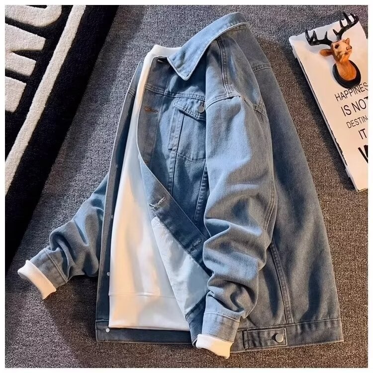 Casual Multi-Pocket Work Jacket Top Mens Spring and Autumn Japanese Style Retro Blue Denim Jacket Duffy Shuai Trendy Loose Dark blue  - Image 5