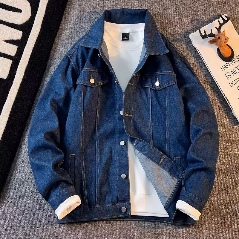 Casual Multi-Pocket Work Jacket Top Mens Spring and Autumn Japanese Style Retro Blue Denim Jacket Duffy Shuai Trendy Loose Dark blue  - Image 1