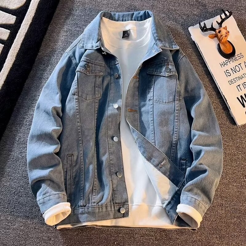Casual Multi-Pocket Work Jacket Top Mens Spring and Autumn Japanese Style Retro Blue Denim Jacket Duffy Shuai Trendy Loose Dark blue  - Image 3