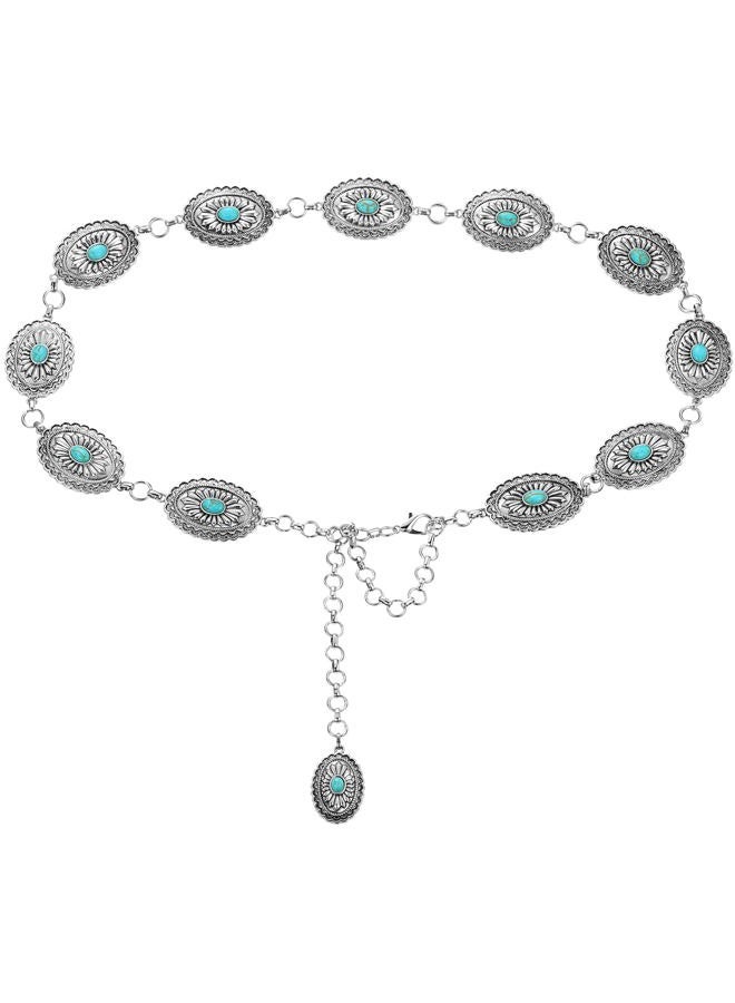 Tarpop Western Concho Chain Belt for Women Silver Belt Metal Waist Stone Chain Belt with Buckle for Dresses, Turquoise, Oval Style - Image 1