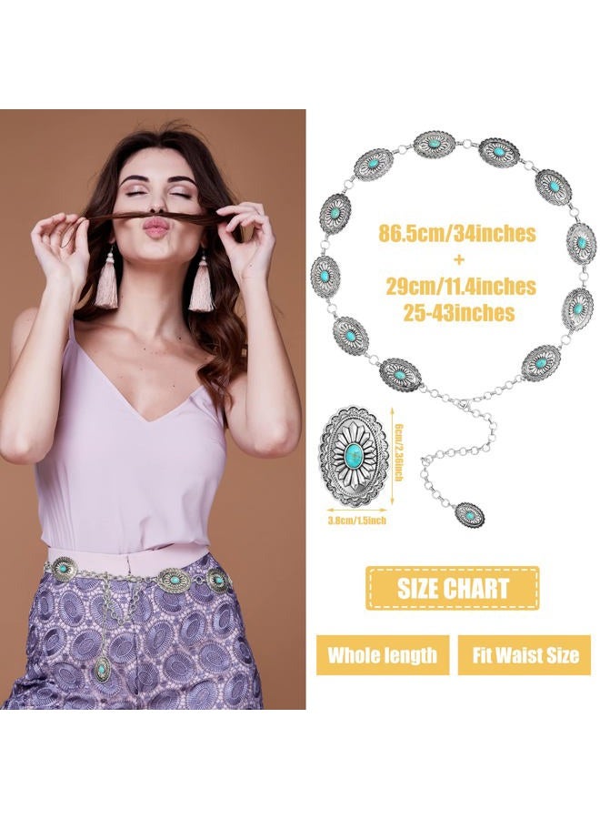 Tarpop Western Concho Chain Belt for Women Silver Belt Metal Waist Stone Chain Belt with Buckle for Dresses, Turquoise, Oval Style - Image 3