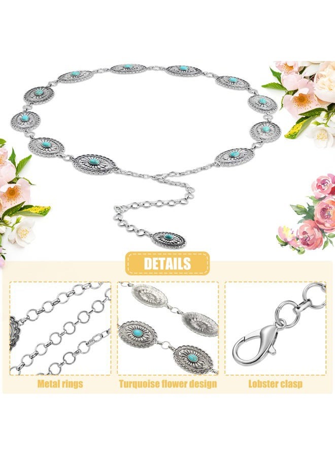 Tarpop Western Concho Chain Belt for Women Silver Belt Metal Waist Stone Chain Belt with Buckle for Dresses, Turquoise, Oval Style - Image 2