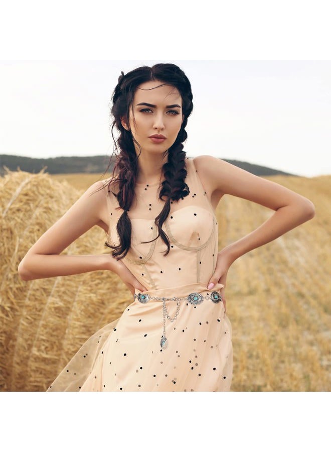 Tarpop Western Concho Chain Belt for Women Silver Belt Metal Waist Stone Chain Belt with Buckle for Dresses, Turquoise, Oval Style - Image 5