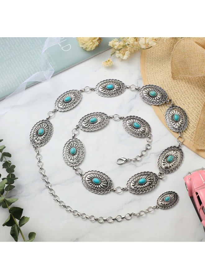 Tarpop Western Concho Chain Belt for Women Silver Belt Metal Waist Stone Chain Belt with Buckle for Dresses, Turquoise, Oval Style - Image 4