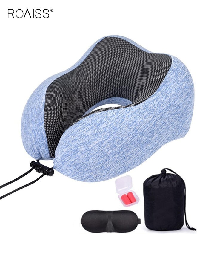 roaiss Unisex Neck Pillow for Traveling Travel Neck Pillow for Airplane Memory Foam Travel Pillow for Flight Headrest Sleep with 3D Contoured Eye Masks, Earplugs,Storage Bag Blue - Image 1