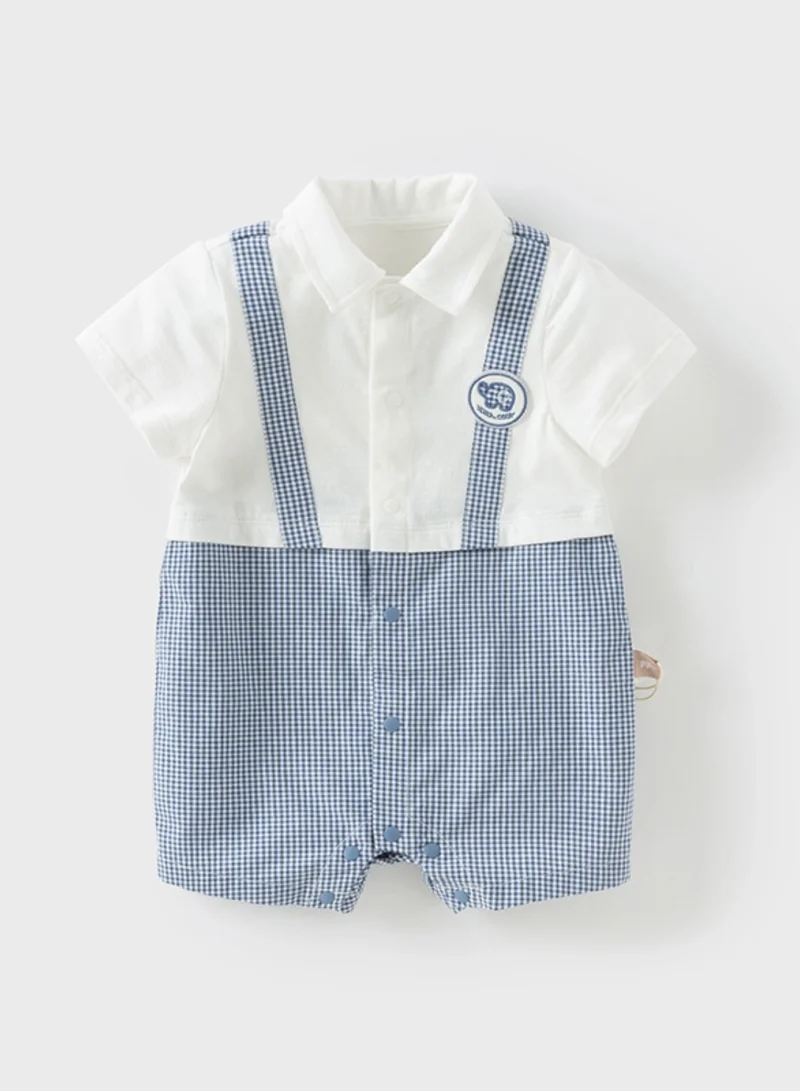 Dave & Bella Baby Boy Cotton Romper with Faux Suspenders and Shirt collar in Blue check