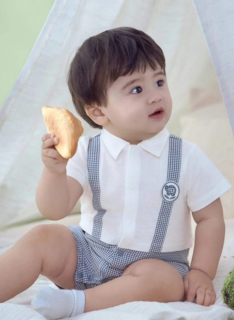 Dave & Bella Baby Boy Cotton Romper with Faux Suspenders and Shirt collar in Blue check