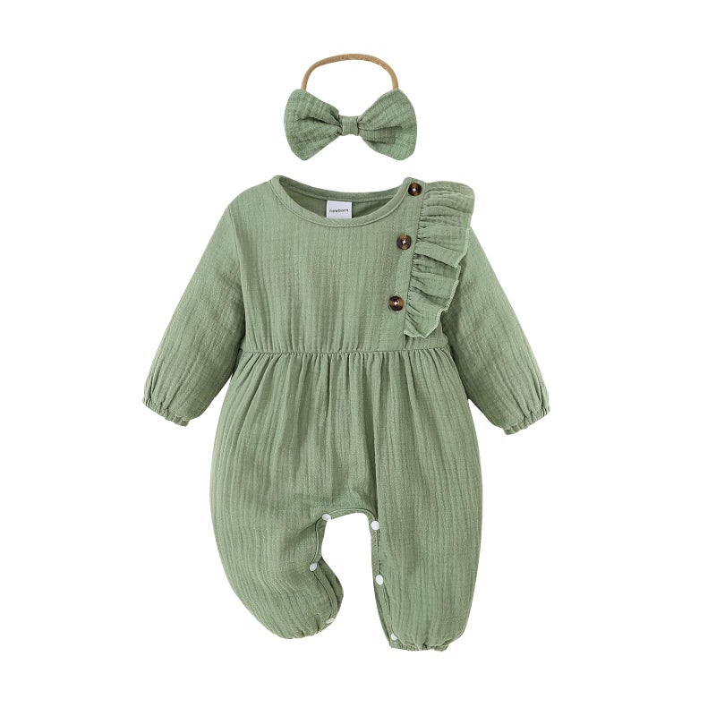 Twosya Newborn Baby Girls Smocked Romper Preemie Long Sleeve Going Home Outfit with Bow Headband - Image 1