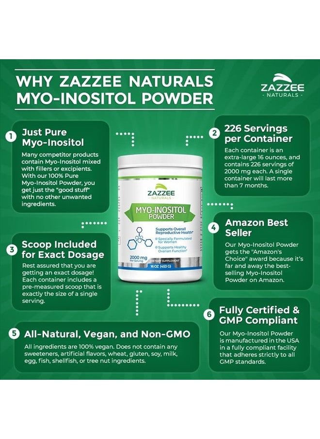 Zazzee - Myo-Inositol Powder, 226 Servings, 16 Ounces, 2000 mg per Serving, Includes Free Scoop for Exact Dosage, 100% Pure, Vegan and Non-GMO - Image 1