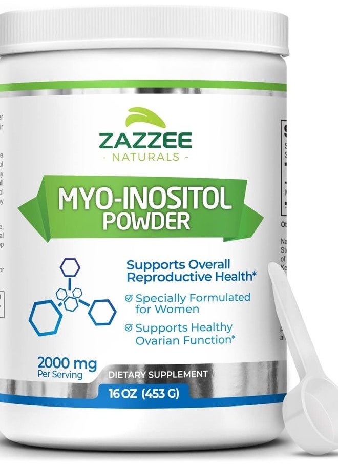 Zazzee - Myo-Inositol Powder, 226 Servings, 16 Ounces, 2000 mg per Serving, Includes Free Scoop for Exact Dosage, 100% Pure, Vegan and Non-GMO - Image 1