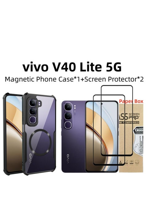 [1+2 Sets] For vivo V40 Lite 5G Case & Screen Protector Magnetic Suction Car Phone Case with Anti Drop Function High Transmittance Glass Scratch Resistant with 2 Tempered Glass