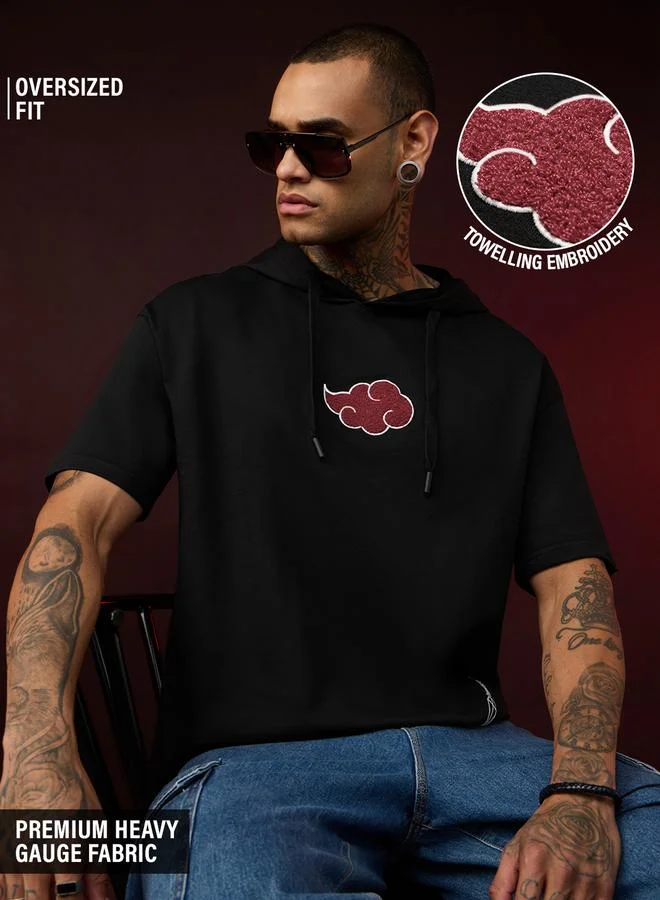 The Souled Store Men Black Embroidered Akatsuki Cloud Oversized Hooded T-Shirt