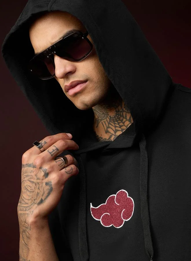 The Souled Store Men Black Embroidered Akatsuki Cloud Oversized Hooded T-Shirt