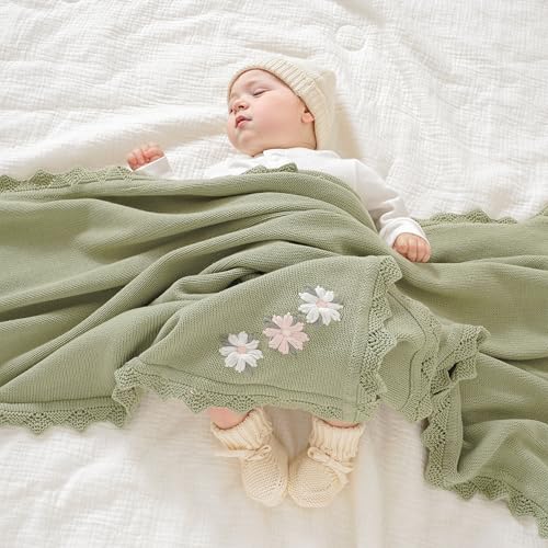 LAWKUL Baby Blanket 100% Traceable Cotton Knit Receiving Blankets Infant Swaddle for Newbron Boy Girls 40"x30" Green Floral - Image 2