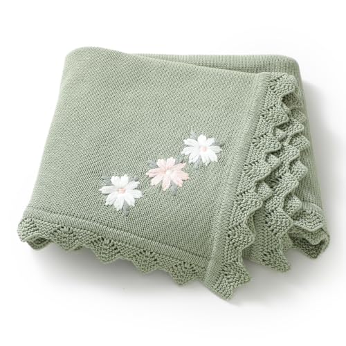 LAWKUL Baby Blanket 100% Traceable Cotton Knit Receiving Blankets Infant Swaddle for Newbron Boy Girls 40"x30" Green Floral - Image 1