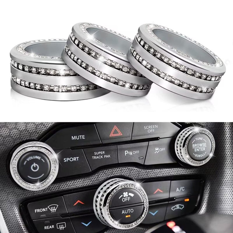Auprite Climate Control Knob Covers for Challenger Accessories 2015-2023 2024, for Dodge Charger 2015-2023 2024, for Dodge Chrysler 300/300s 2015-2024,3Pcs Kit (Bling Silver)