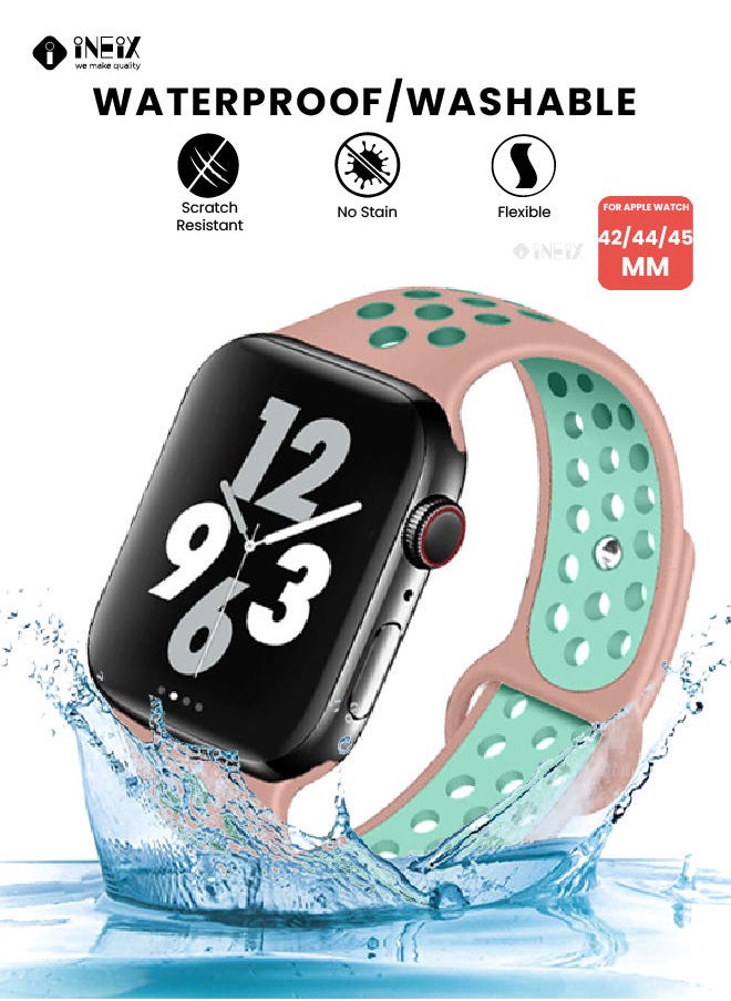INEIX - Soft Silicone Sport Nike Edition Replacement Strap For Apple Watch 42/44/45 mm - Pink/Green - Image 1